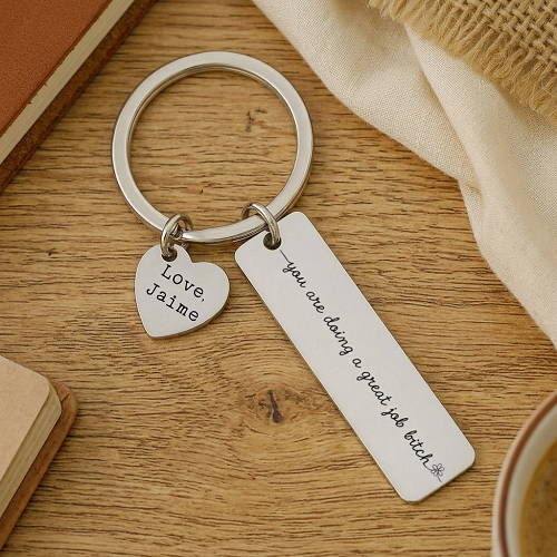 Funny Great Job Bitch keychain with personalized heart charm and optional custom message on back 