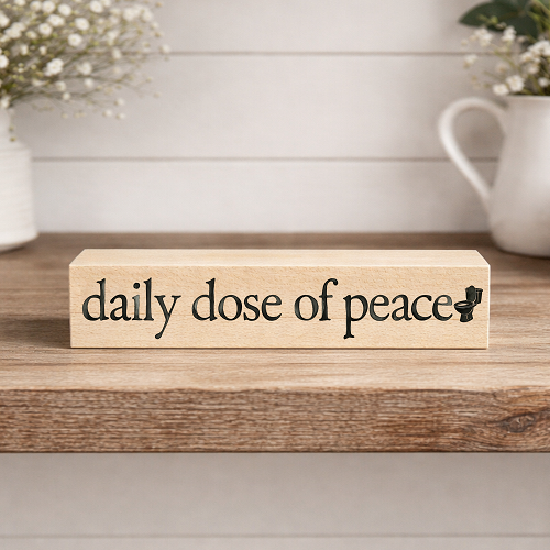 Funny bathroom sign that reads Daily Dose of Peace with a toilet graphic 