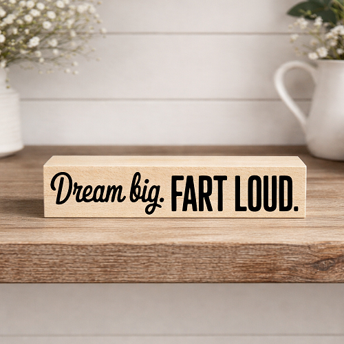 Dream Big Fart Louder funny bathroom humor sign with bold black lettering and sarcastic motivational quote 