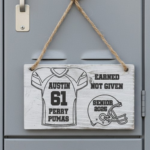 Personalized football locker sign with player name jersey number team and senior year for Homecoming locker decorating and Senior Night 
