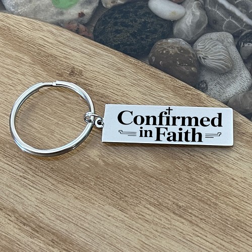 Confirmed in Faith Confirmation keychain Christian religious gift with optional personalized back 
