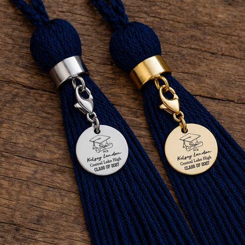 Personalized silver and gold graduation tassel charms with graduate name school and class year 