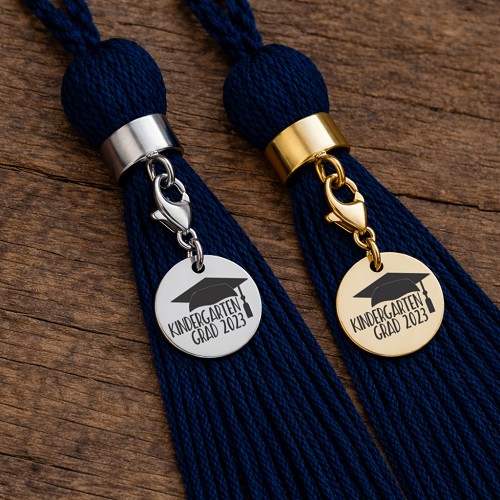 Personalized silver and gold kindergarten graduation tassel charms with graduation cap and custom grad year 