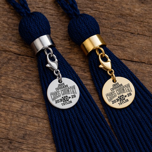 Personalized cross country graduation tassel charms in silver and gold with runner name team and graduation year 