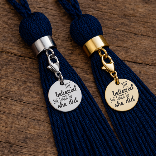 Silver and gold She Believed She Could So She Did graduation tassel charms with personalized back option 
