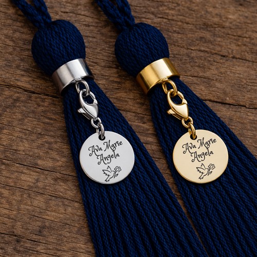 Personalized silver and gold Confirmation tassel charms with recipient name and dove flower design 
