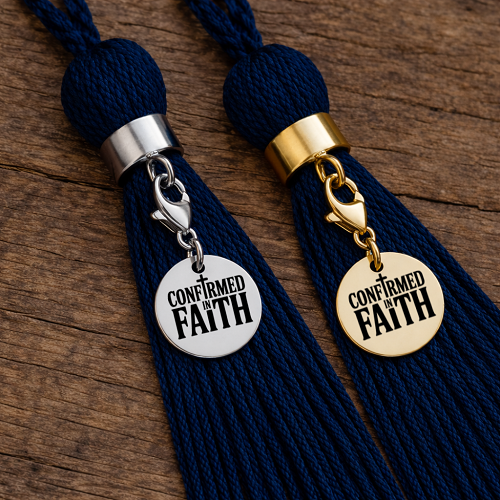 Silver and gold Confirmed in Faith Confirmation tassel charms with cross design and lobster clasp 