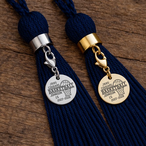 Personalized basketball graduation tassel charms in silver and gold with basketball hoop, player name, school, jersey number and graduation years 