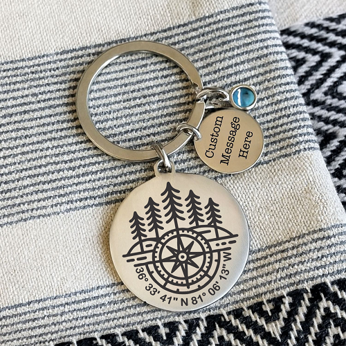 Personalized compass keychain with GPS coordinates mini message tag and birthstone charm 