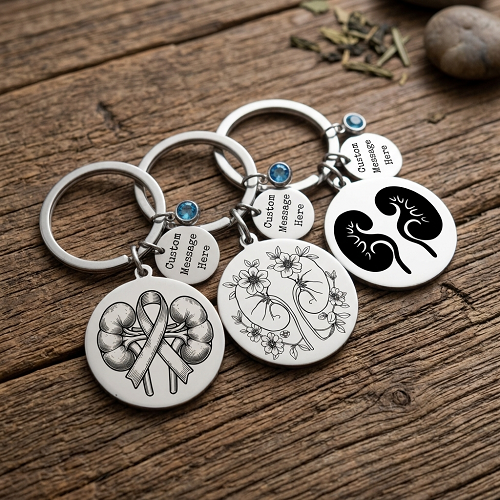 Personalized kidney keychain with choice of kidney awareness ribbon floral or kidney pair design custom message tag and birthstone 