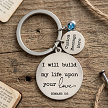 Romans Christian keychain with I will build my life upon your love design personalized message tag birthstone and custom back 