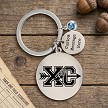 Personalized XC cross country runner keychain with winged shoe design custom message tag birthstone accent and optional personalized back 