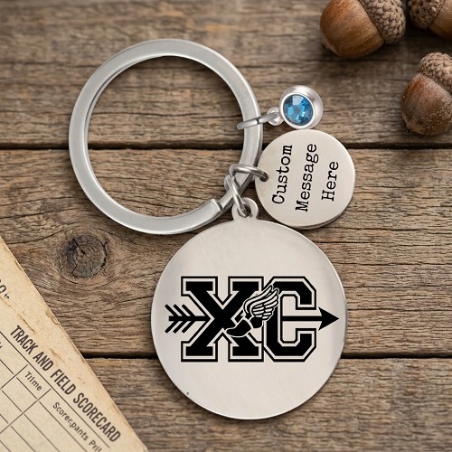 Personalized XC cross country runner keychain with winged shoe design custom message tag birthstone accent and optional personalized back 