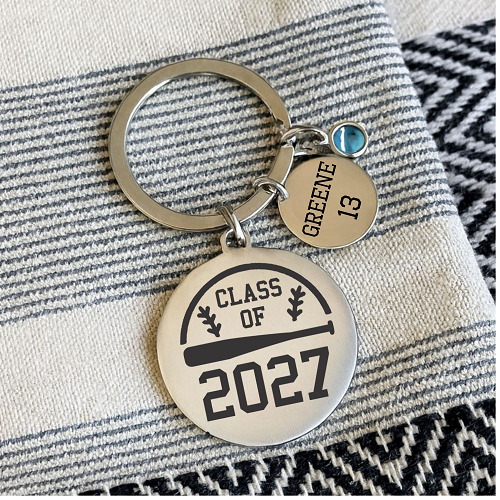 personalized softball graduation keychain with custom year name number and birthstone charm 