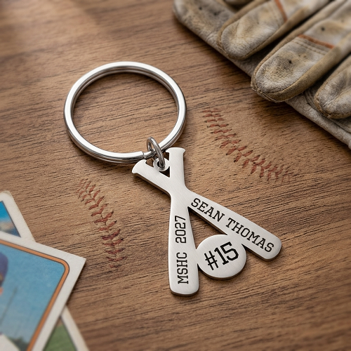 Personalized baseball or softball crossed bats keychain with player name team number and year 