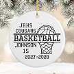 Personalized basketball senior ornament with team name player last name jersey number basketball hoop and season year 