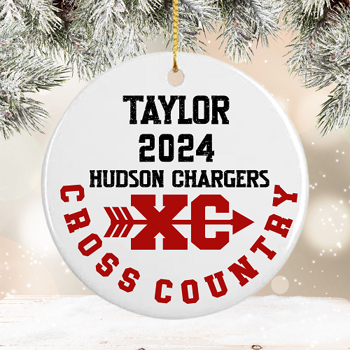 Personalized cross country ceramic ornament with runner name year team and XC design with optional personalized back 