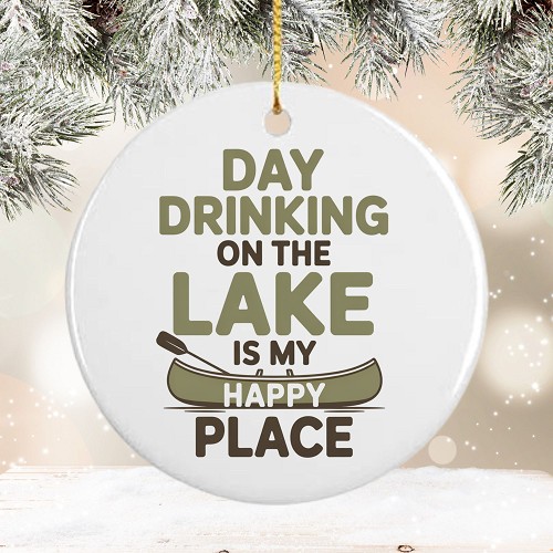  Personalized Day Drinking On The Lake Is My Happy Place Canoe Ceramic Christmas Ornament 