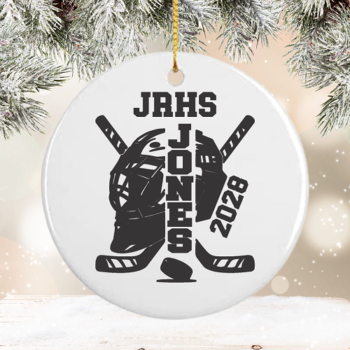 Personalized hockey senior ornament with hockey helmet sticks school initials player last name and graduation year 