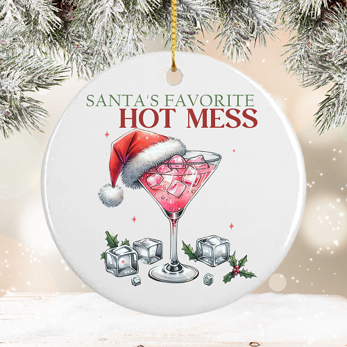  Personalized Santa's Favorite Hot Mess Cocktail Drink Ceramic Christmas Ornament 