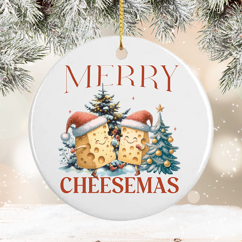 Personalized Merry Cheesemas Funny Cheese Lover Ceramic Christmas Ornament 