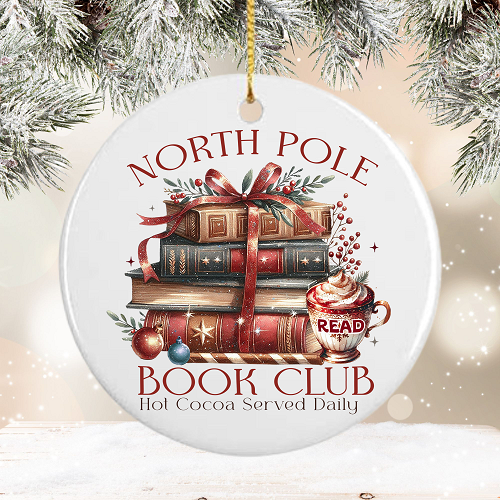 Personalized North Pole Book Club Reading Ceramic Christmas Ornament 