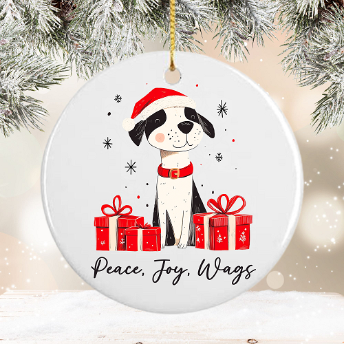 Personalized Peace Joy Wags Cute Dog in Santa Hat Ceramic Christmas Ornament 