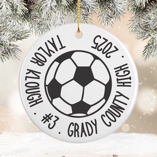 Personalized soccer Christmas ceramic ornament with player name jersey number team and year 