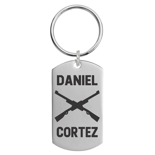Personalized shooting sports keychain with crossed rifle design and custom athlete name 