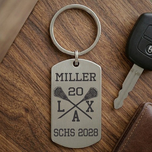 personalized lacrosse player keychain with custom name number school and graduation year 