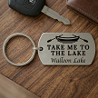 Personalized Take Me to the Lake keychain with rowboat design custom lake name and optional back personalization 