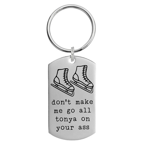 tonya harding keychain, funny competitive keychain, funny threatening keychain, funny rude keychain, funny offensive keychain, funny gift, gag gift, novelty keychain, stainless steel keychain, engraved keychain, personalized keychain, funny friend gift, funny birthday gift, adult humor gift, unconventional gift, sarcastic gift, custom keychain, pop culture keychain, ice skating keychain. 