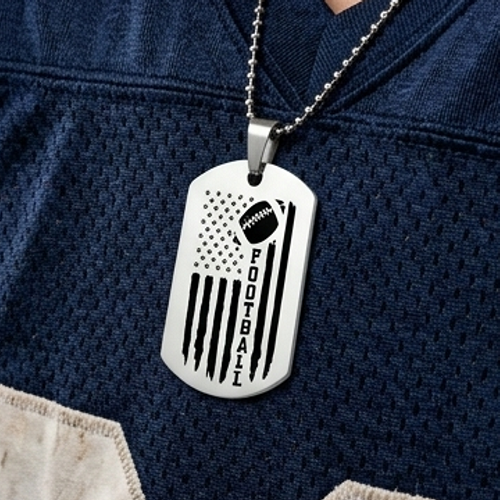 Football dog tag necklace with American flag design and optional personalized back for player or football fan 