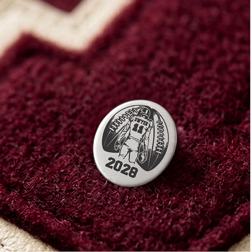 Personalized football varsity pin with player name jersey number and year for chenille varsity letter letterman jacket and Senior Night gift 
