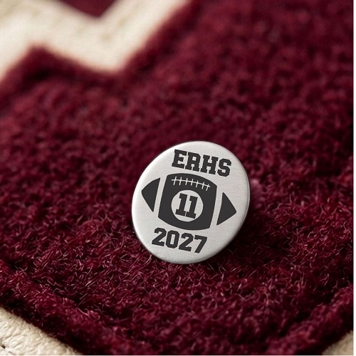 Personalized football varsity pin with school initials jersey number and year for chenille varsity letter letterman jacket and Senior Night gift 