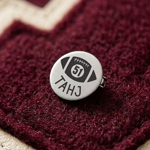 Personalized football varsity pin with jersey number and player name or school initials for chenille letter and letterman jacket 
