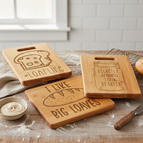 Funny sourdough cutting boards with Loaf Life, I Like Big Loaves and Secretly Judging Your Starter designs 