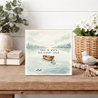 Home Is Where the Anchor Drops lake life sign with watercolor boat, anchor, ducks, water and distant evergreen trees 