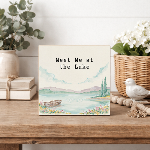 Meet Me at the Lake sign with watercolor lake scene rowboat wildflowers and peaceful lakeside landscape 
