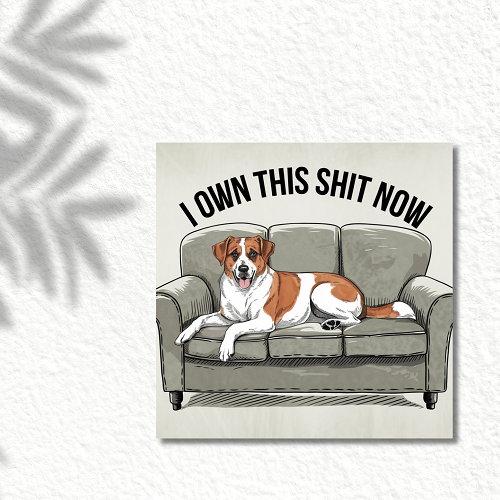 I Own This Shit Now Dog on Couch Sign 
