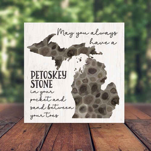 Petoskey Stone Michigan Sign With Lake Life Quote And Michigan Shape Design 