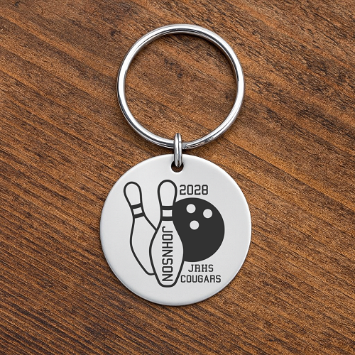 Personalized bowling keychain with bowling ball pins bowler name school team and graduation year 