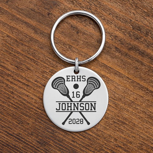 Personalized lacrosse keychain with crossed lacrosse sticks school team player number name and year 
