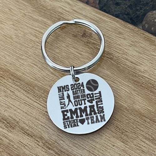 Personalized softball keychain with player name school initials jersey number year and optional personalized back 