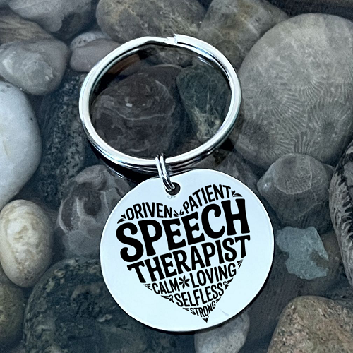 Speech therapist keychain with positive word design and optional personalized back for SLP appreciation gift 