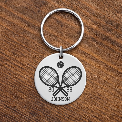Personalized tennis keychain with crossed tennis rackets ball school initials player name and year 