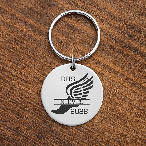 Personalized track and field keychain with winged running shoe school team athlete name and year 
