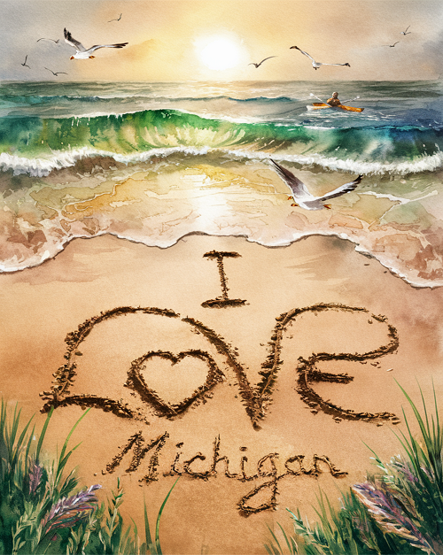 I Love Michigan Beach Writing Sign - Celebrate Your Love for Michigans Shores 