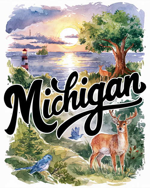  Michigan Deer Bluebird and Lighthouse Sign - Celebrate the Natural Beauty of Michigan 