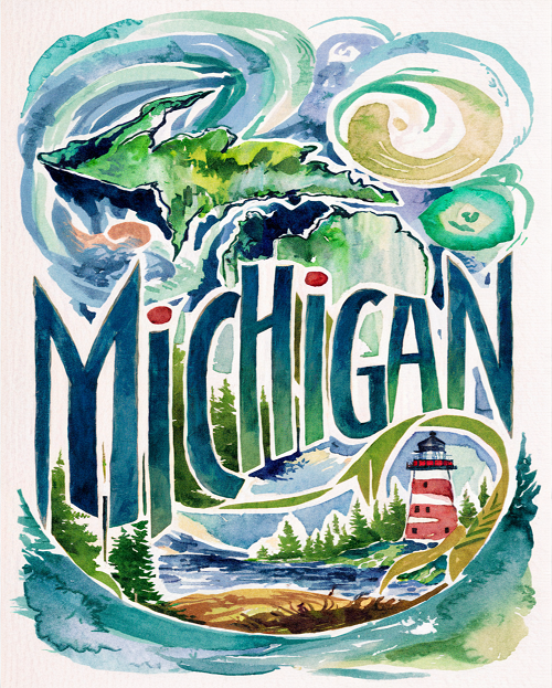  Michigan Watercolor Travel Sign - Explore the Wonders of Michigan 